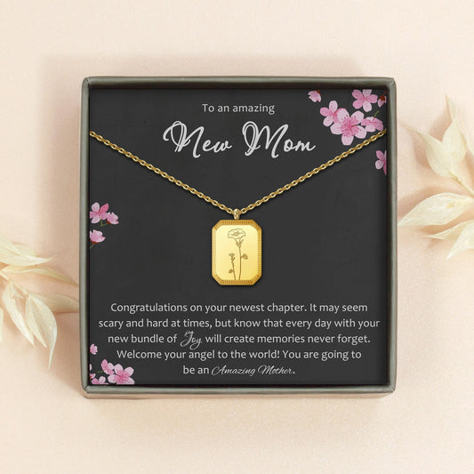 "To an Amazing New Mom" Rectangle Birth Flower Necklace