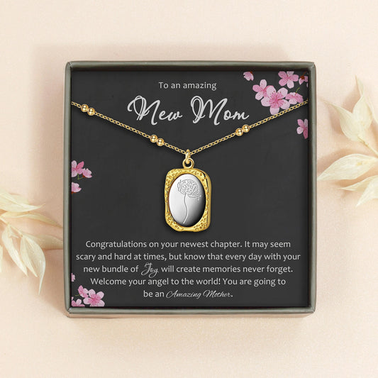 "To an Amazing New Mom" Vintage Mirror Birth Flower Necklace