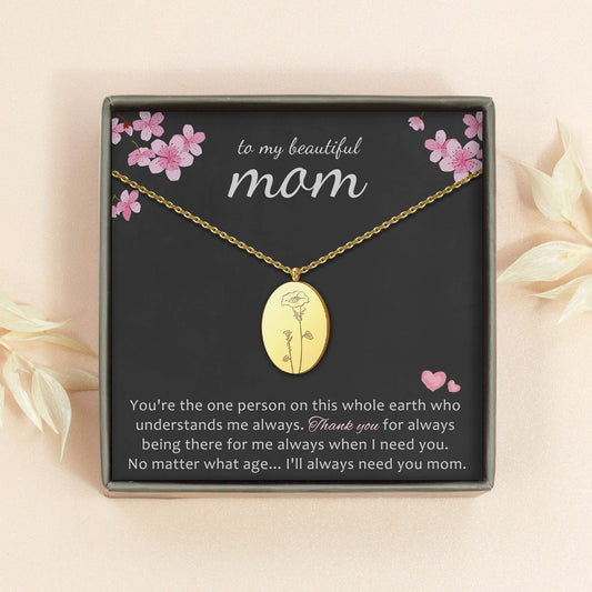 "To My Beautiful Mom" Oval Birth Flower Necklace