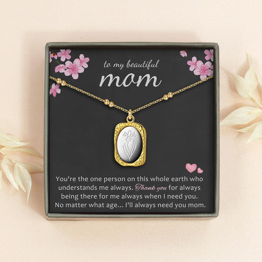 "To my Beautiful Mother" Vintage Mirror Birth Flower Necklace