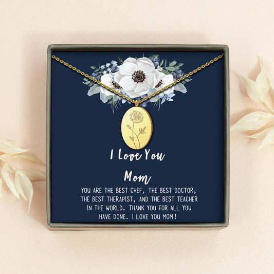 "I Love You Mom" Oval Birth Flower Necklace