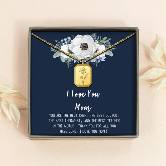 "I Love You Mom" Rectangle Birth Flower Necklace