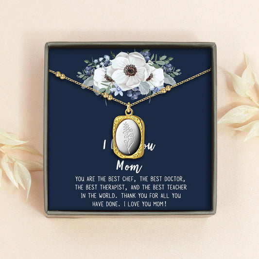 "I Love You Mom" Vintage Mirror Birth Flower Necklace