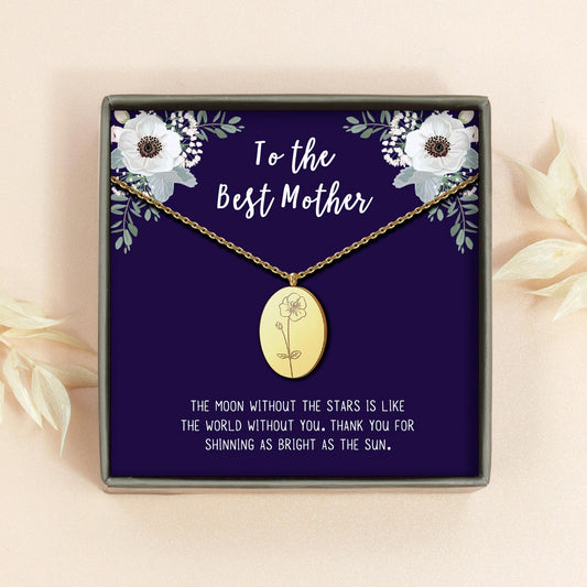 "To the Best Mother" Oval Birth Flower Necklace