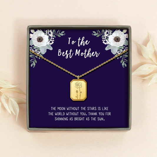 "To the Best Mother" Rectangle Birth Flower Necklace
