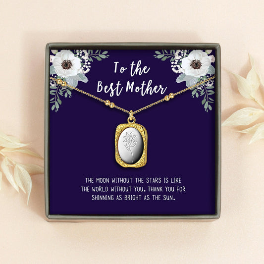 "To the Best Mother" Vintage Mirror Birth Flower Necklace