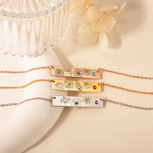 1-4 Birth Flower Birthstone Bar Necklace