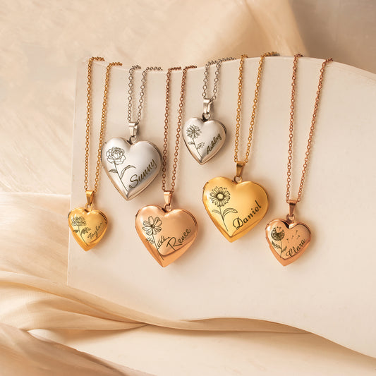 Personalized Birth Flower and Name Heart Photo Locket