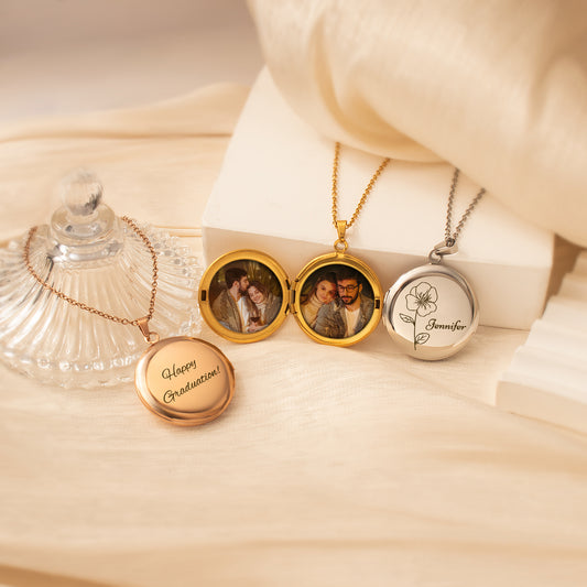 Round Birth Flower and Name Photo Locket Necklace