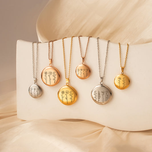 Round Birth Flower Garden Photo Locket Necklace