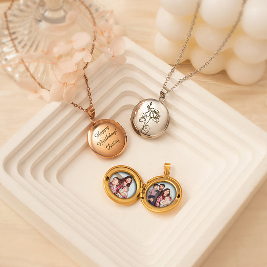 Round Birth Flower Photo Locket Necklace