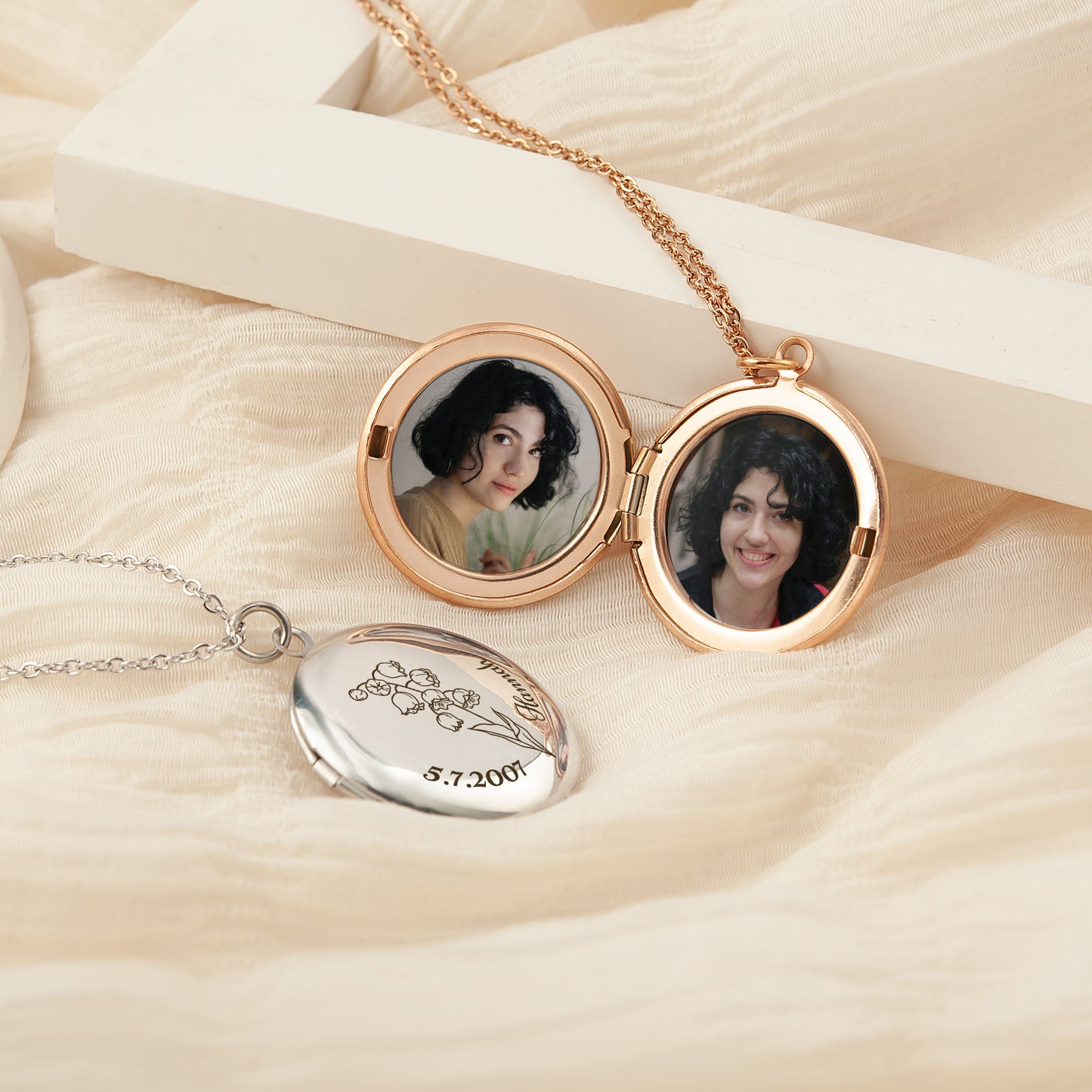 Custom Birth Flower Name and Date Photo Locket Necklace