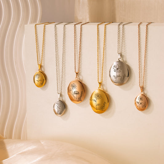 Oval Birth Flower and Name Photo Locket Necklace
