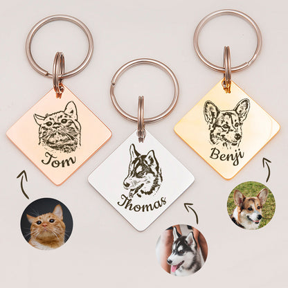 Diamond Shaped Stainless Steel Pet Portrait Dog ID Pet Tag