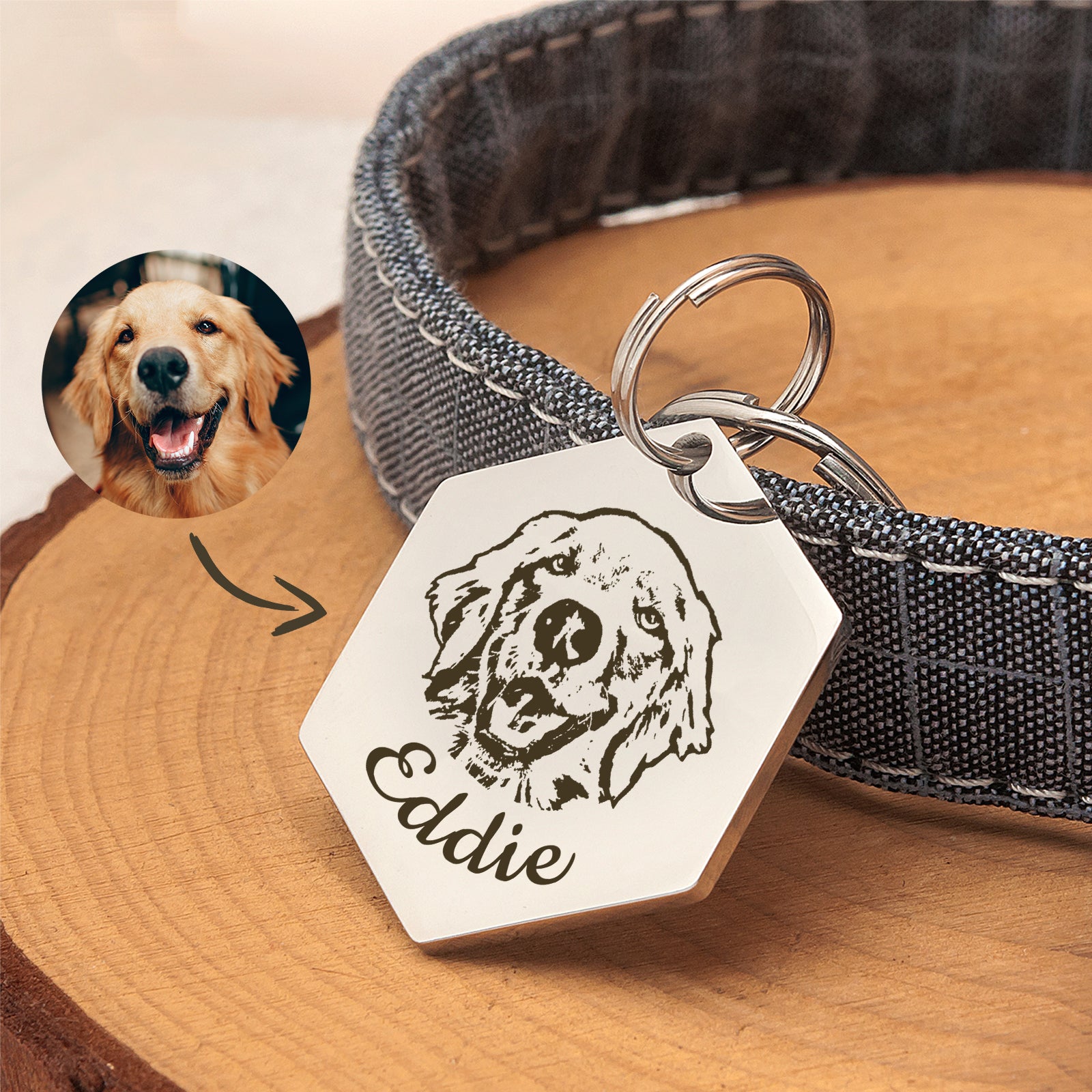Pet Portrait Hexagon Dog ID Pet Tag