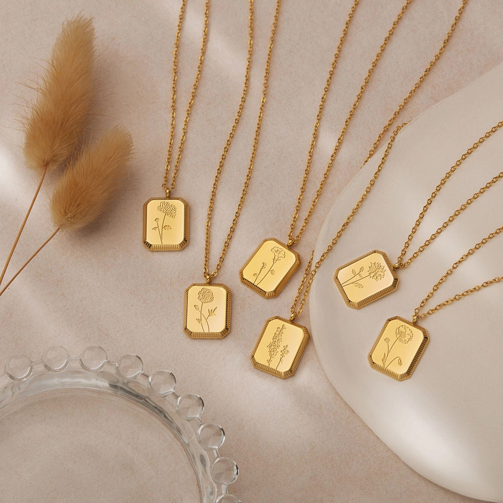 "To the Best Mother" Rectangle Birth Flower Necklace