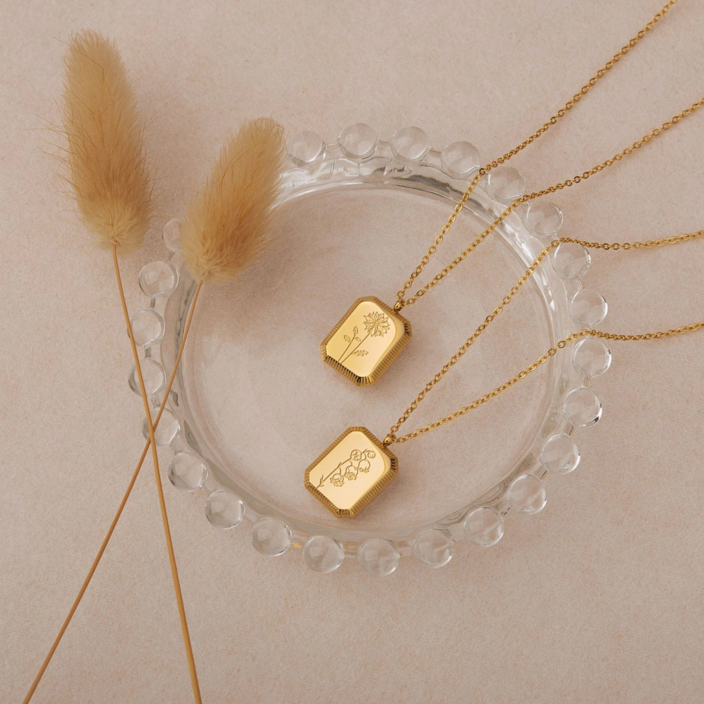 "To the Best Mother" Rectangle Birth Flower Necklace