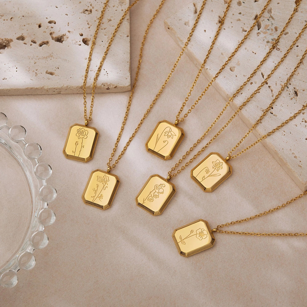 "To an Amazing New Mom" Rectangle Birth Flower Necklace