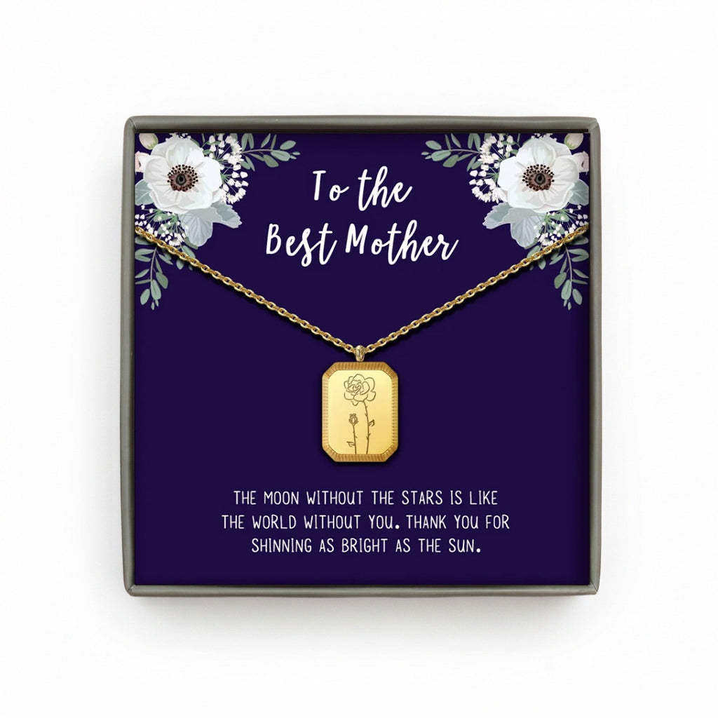 "To the Best Mother" Rectangle Birth Flower Necklace