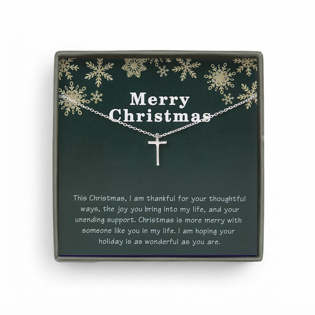 Sterling Silver Cross Necklace New Year Thanks Gifts for Mom, Merry Christmas Necklace Card for Her