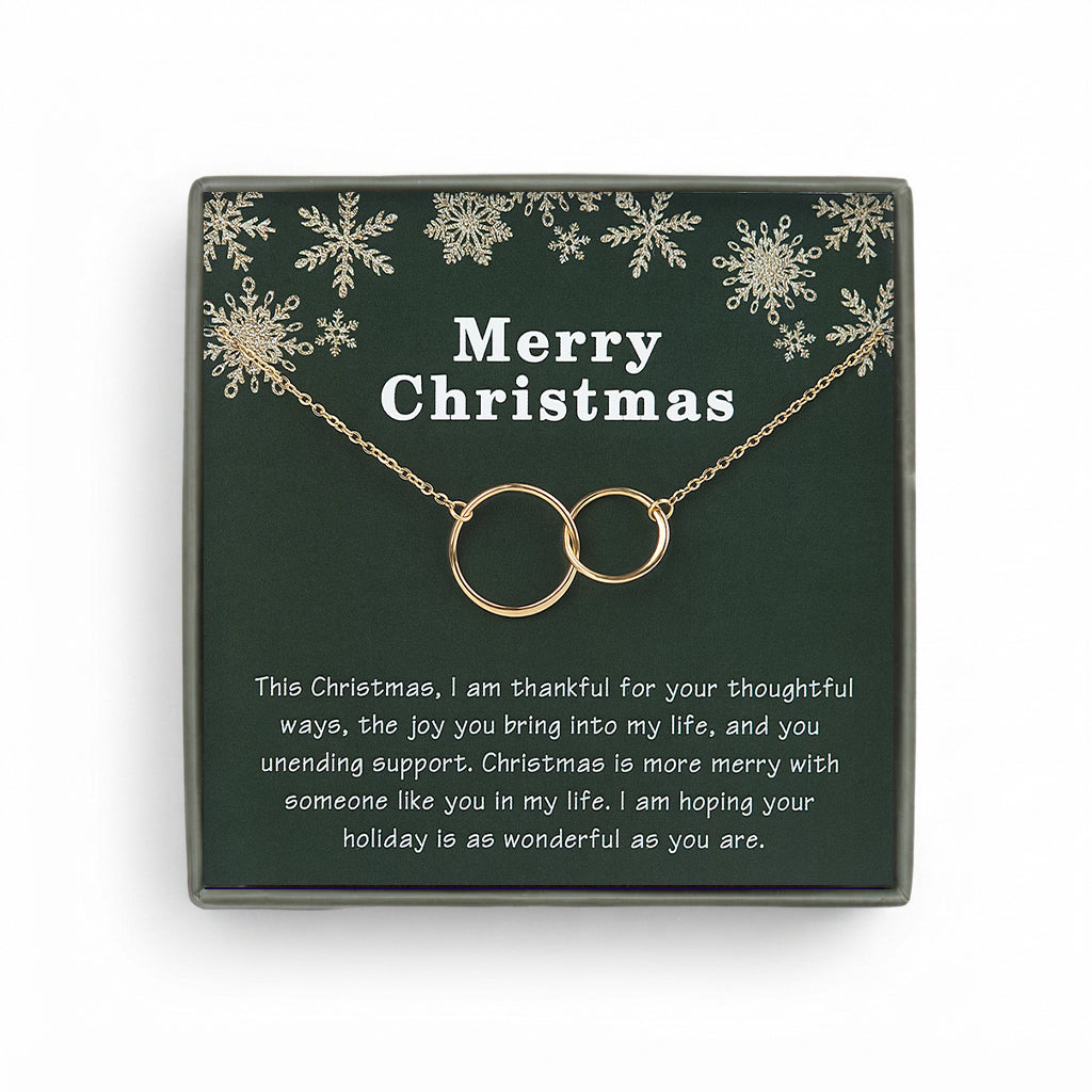 Merry Christmas Card and Infinity Rings Necklace Jewelry Gift Set