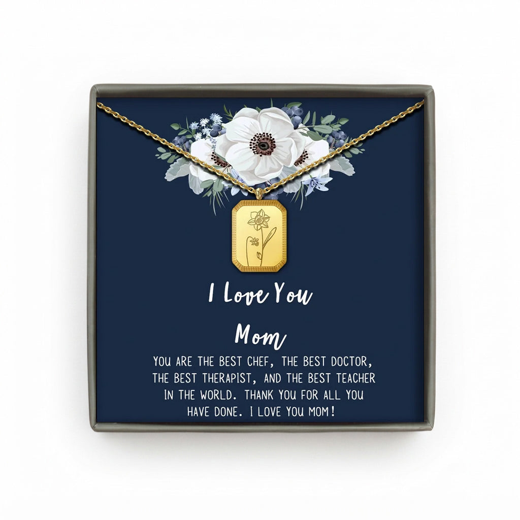 "I Love You Mom" Rectangle Birth Flower Necklace