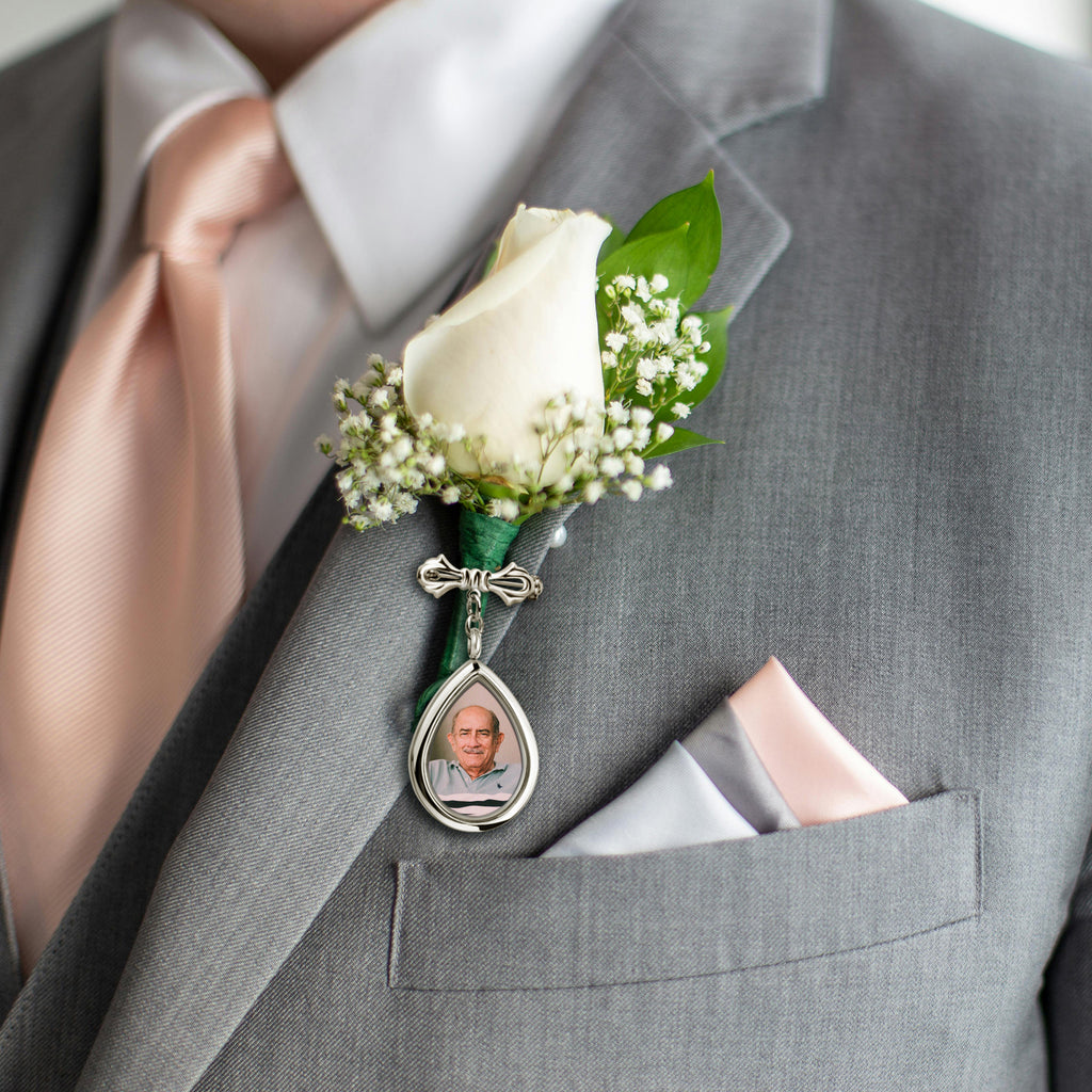 Glass Wedding Teardrop Photo Locket Lapel Pin