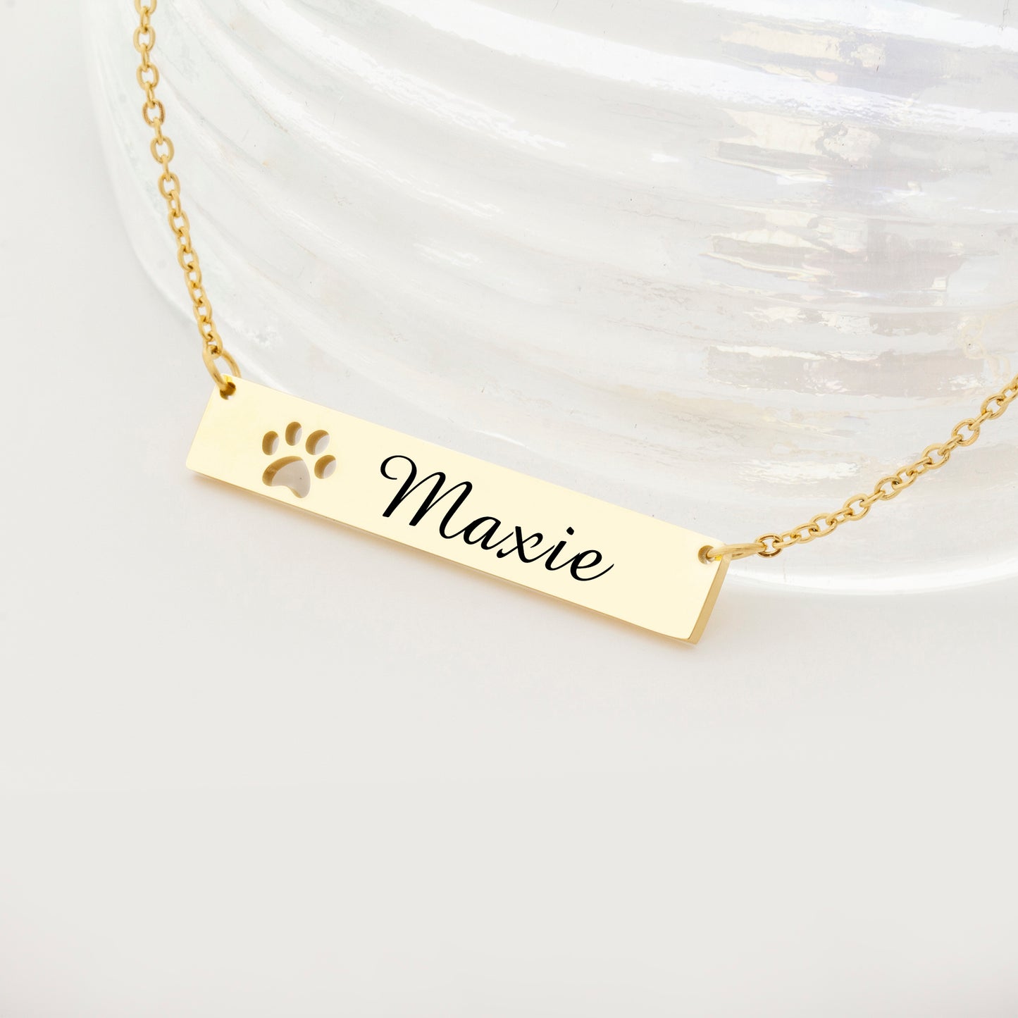 Personalized Dog Paw Print Name Bar Necklace for Puppy Lover