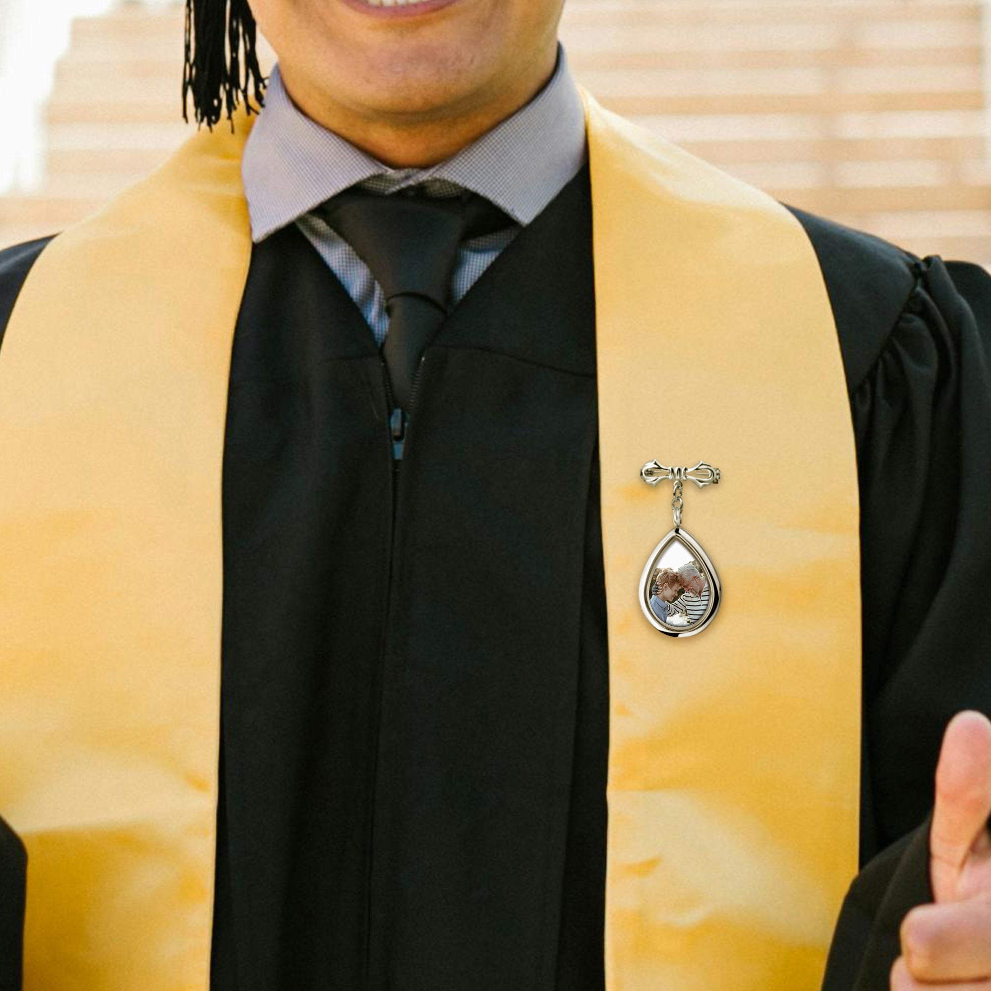 Glass Graduation Teardrop Photo Locket Lapel Pin