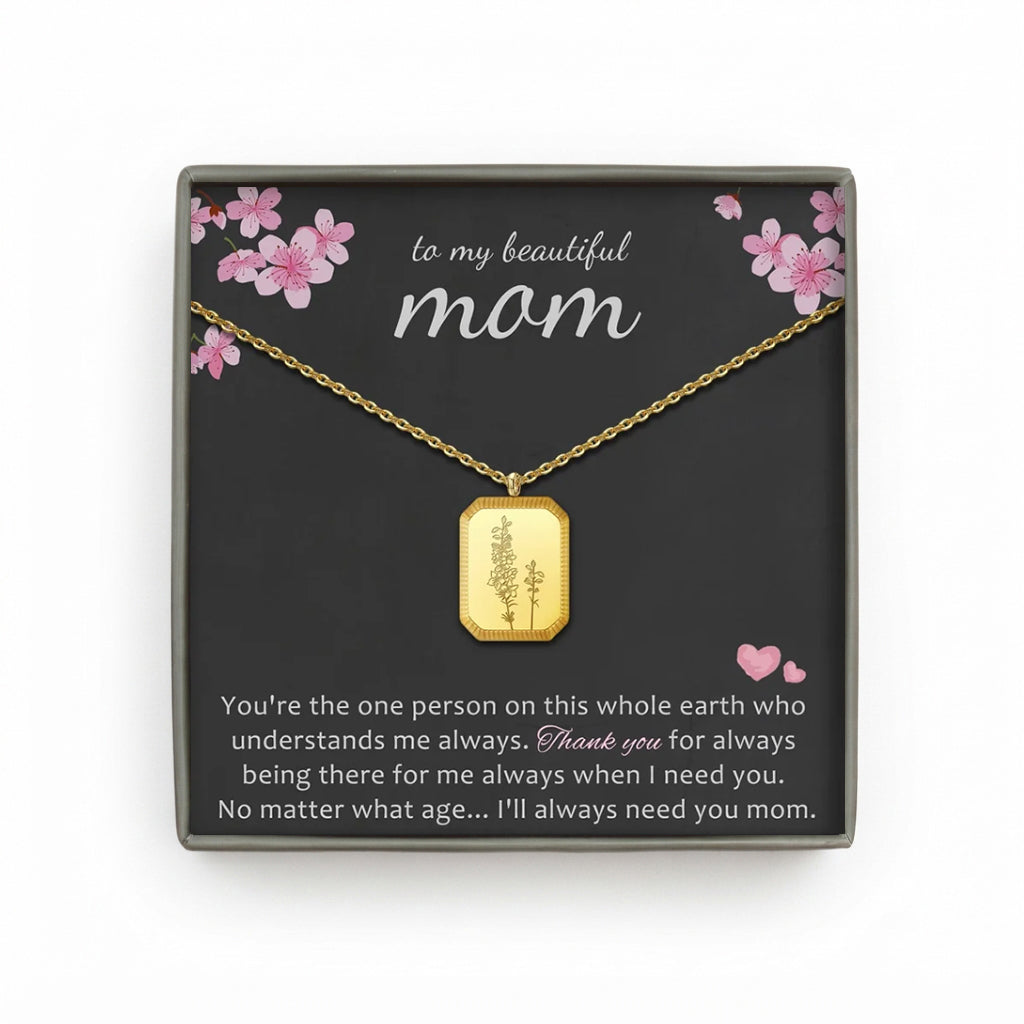 "To My Beautiful Mom" Rectangle Birth Flower Necklace