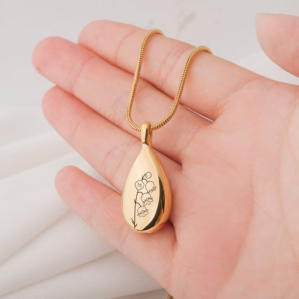 Birth Flower Teardrop Memorial Necklace