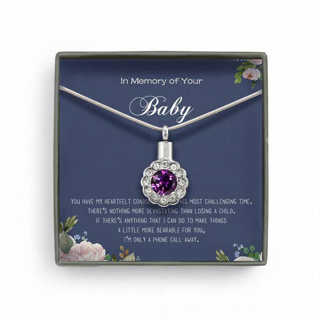 "In Loving Memory of Your Baby" Crystal Flower Memorial Necklace