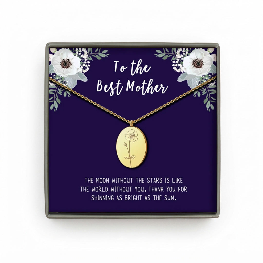 "To the Best Mother" Oval Birth Flower Necklace
