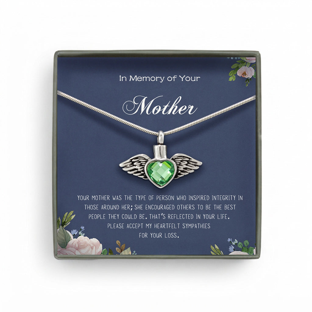 "In Memory of Your Mother" Angel Wing Crystal Heart Ashes Holder Memorial Necklace
