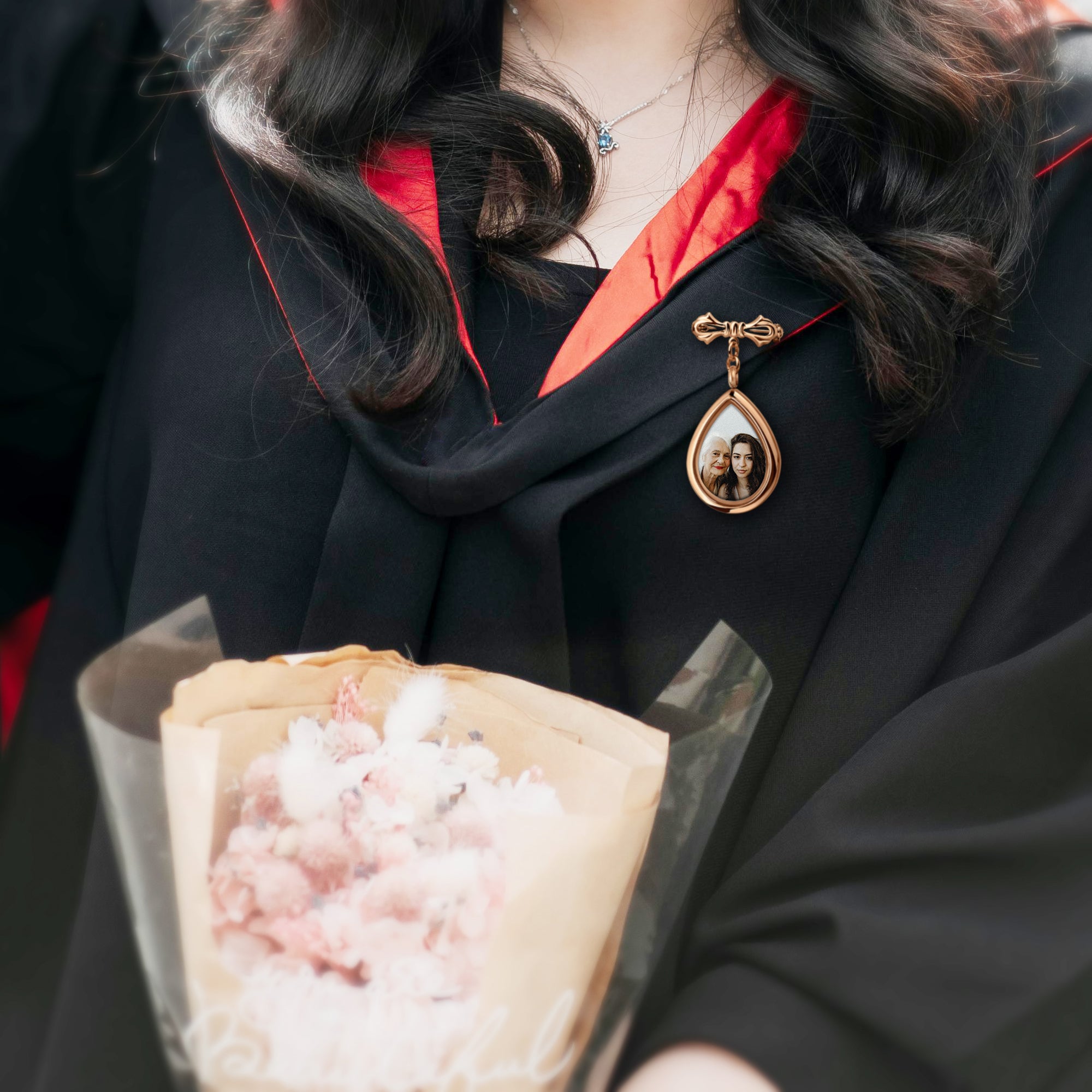 Glass Graduation Teardrop Photo Locket Lapel Pin