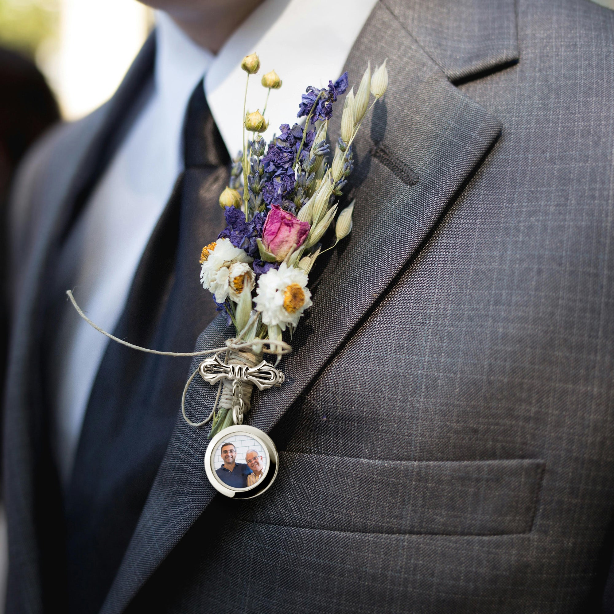 Glass Photo Locket Wedding Lapel Pin