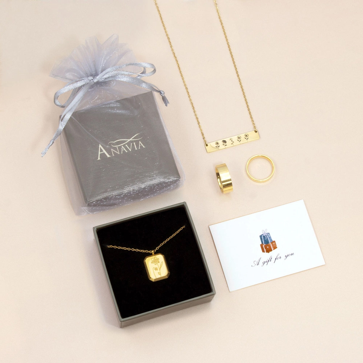 "I Love You Mom" Rectangle Birth Flower Necklace