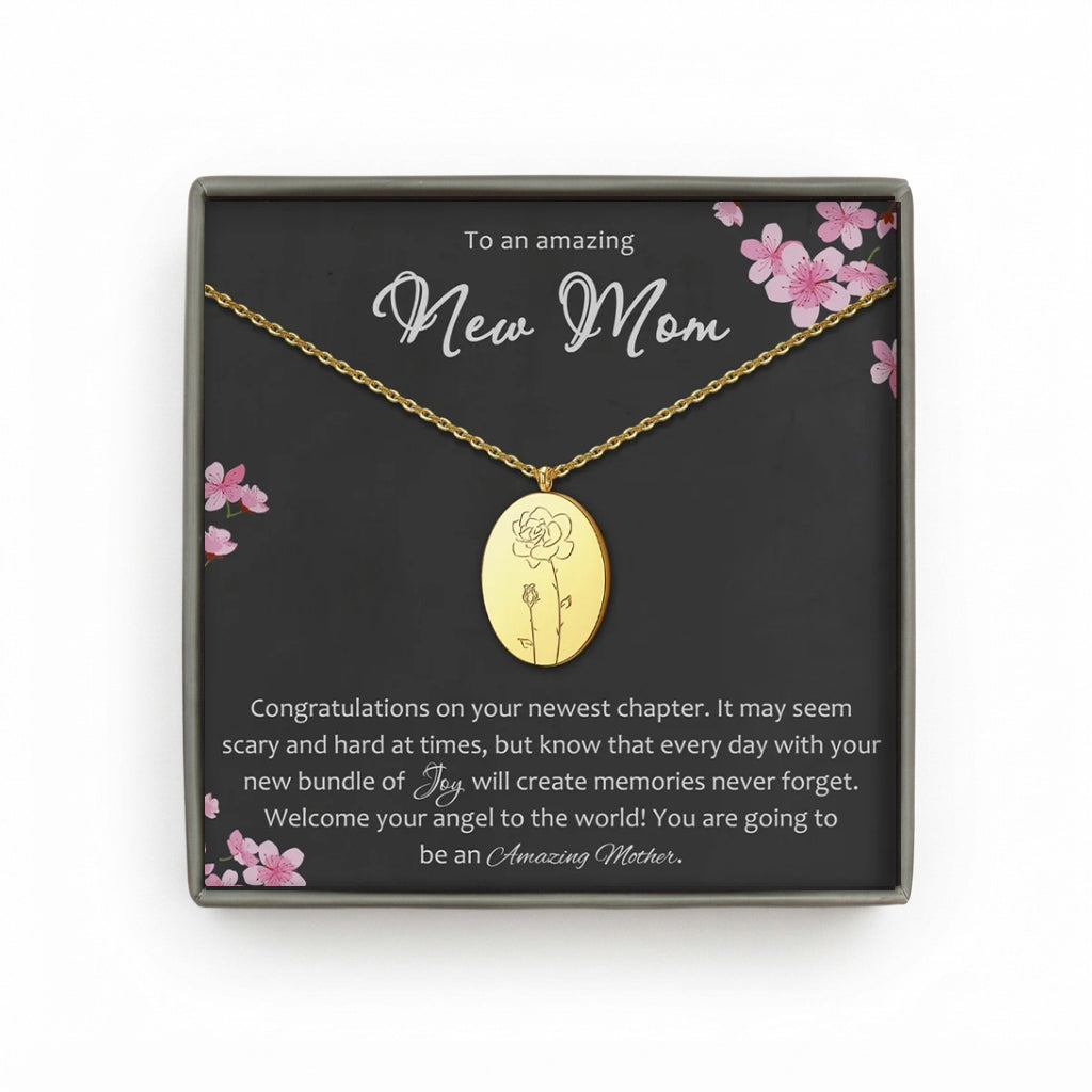 "To an Amazing New Mom" Oval Birth Flower Necklace