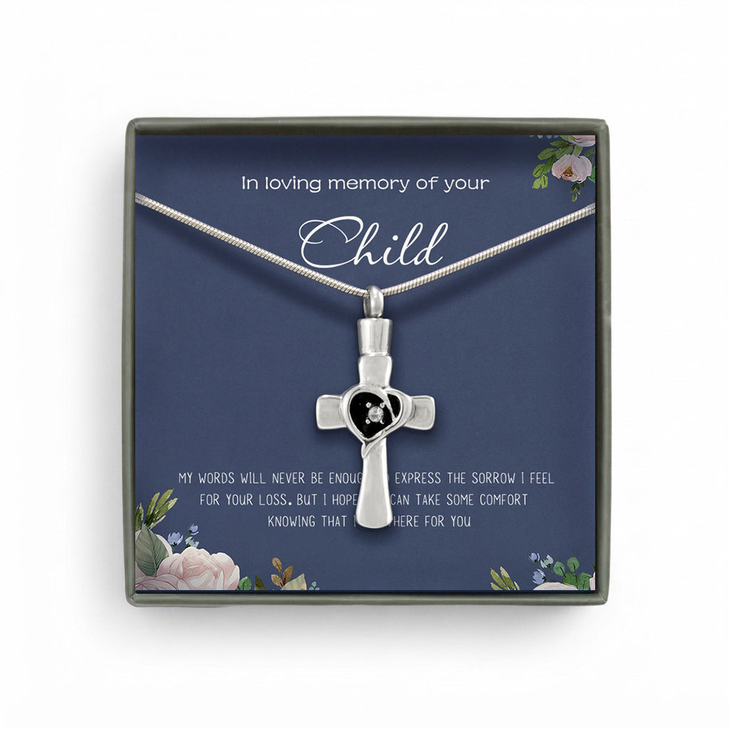 "In Love Memory of your Child" Heart Cross Memorial Necklace