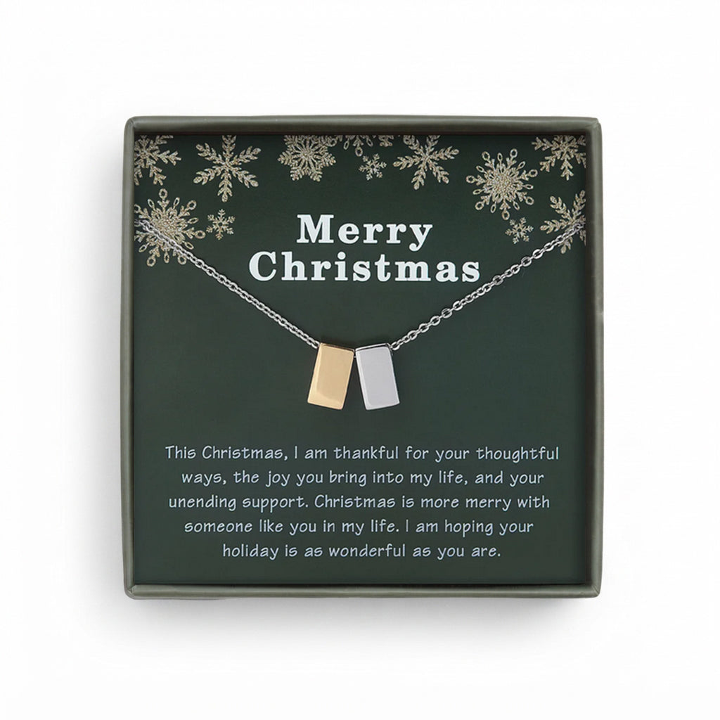 Merry Christmas Card and Cube Necklace Jewelry Gift Set