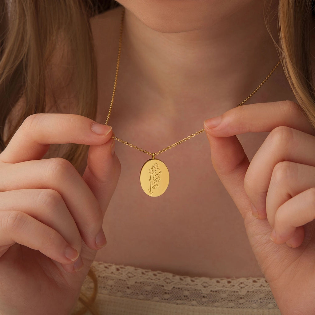 "To My Beautiful Mom" Oval Birth Flower Necklace