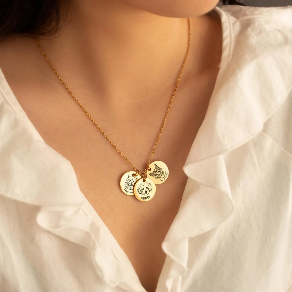 Gold charm engraved with pet's picture; pet memorial jewelry for pet loss