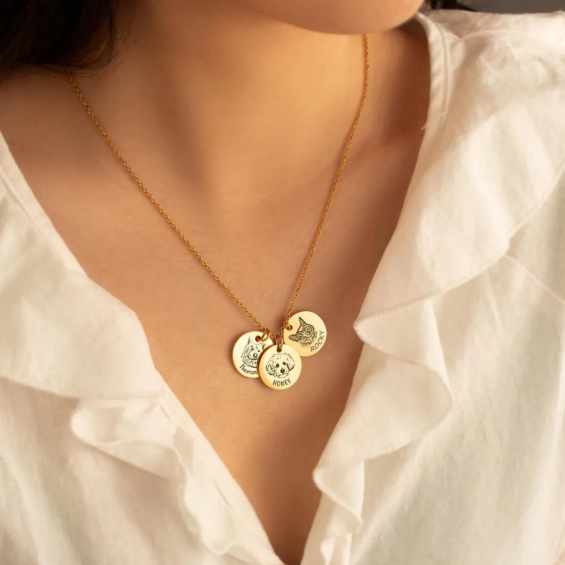 Gold charm engraved with pet's picture; pet memorial jewelry for pet loss