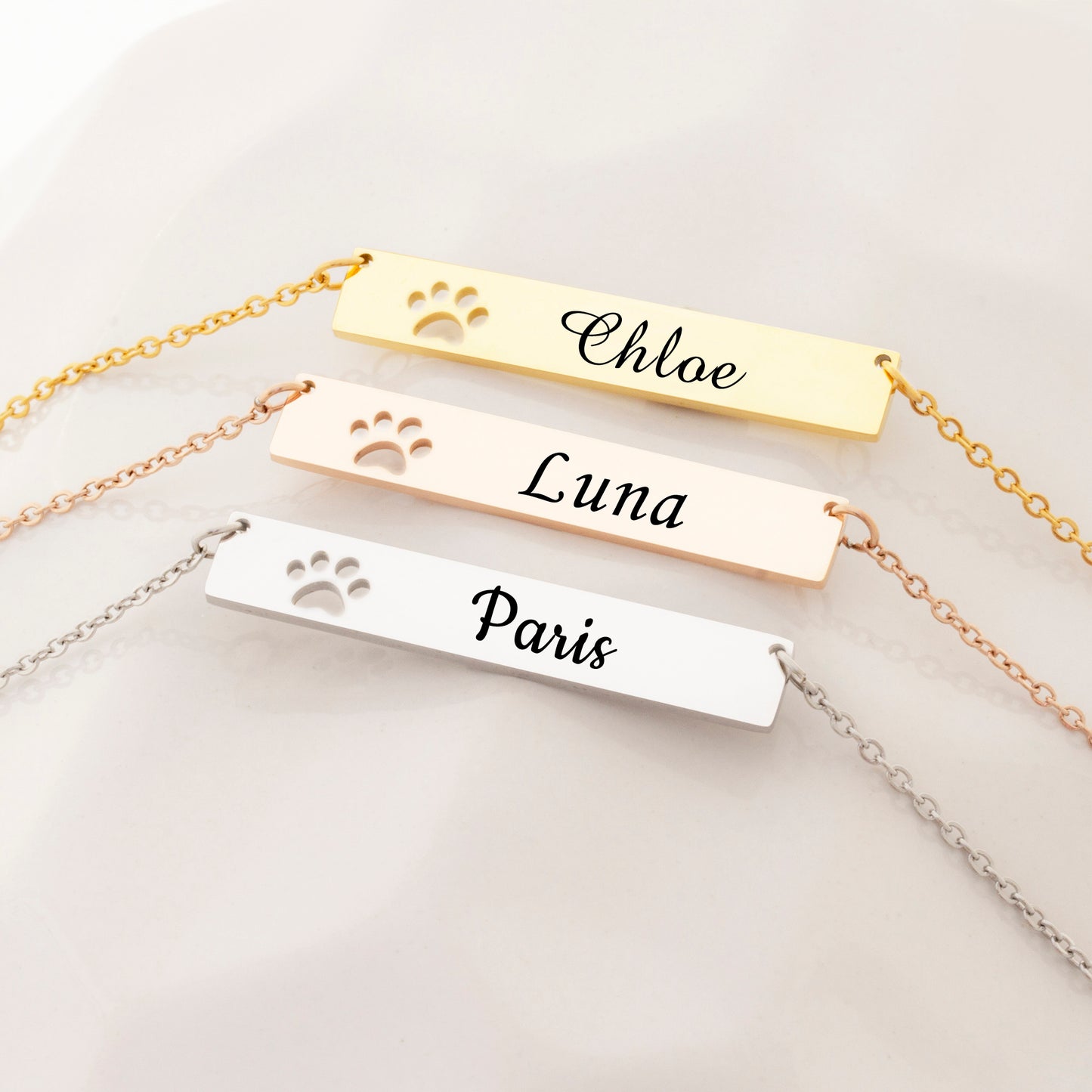 Personalized Dog Paw Print Name Bar Necklace for Puppy Lover