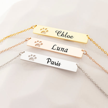 Personalized Dog Paw Print Name Bar Necklace for Puppy Lover