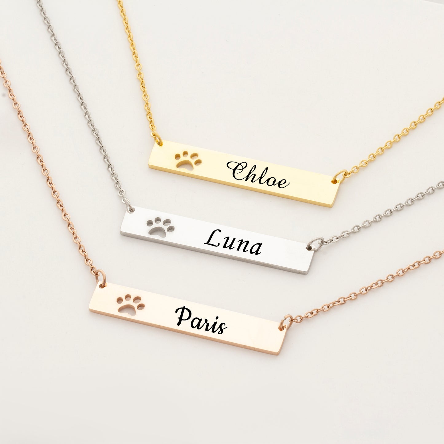 Personalized Dog Paw Print Name Bar Necklace for Puppy Lover