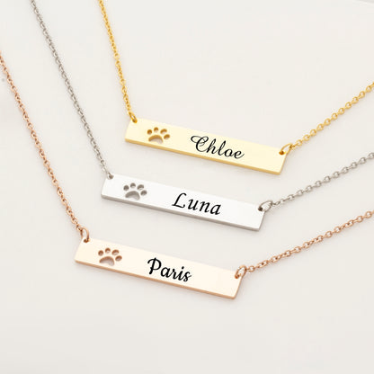 Personalized Dog Paw Print Name Bar Necklace for Puppy Lover