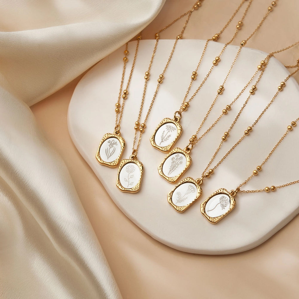 "I Love You Mom" Vintage Mirror Birth Flower Necklace