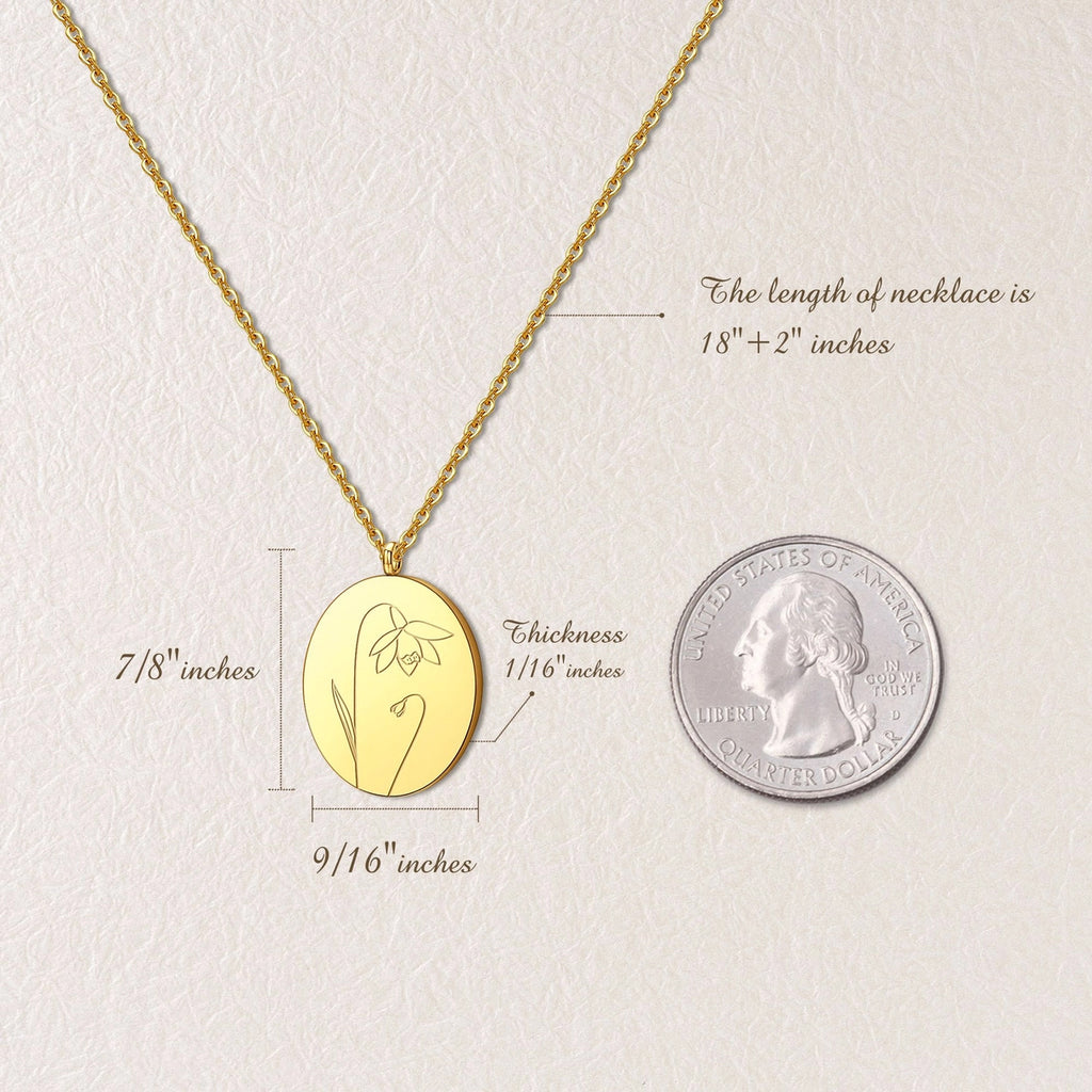 "I Love You Mom" Oval Birth Flower Necklace