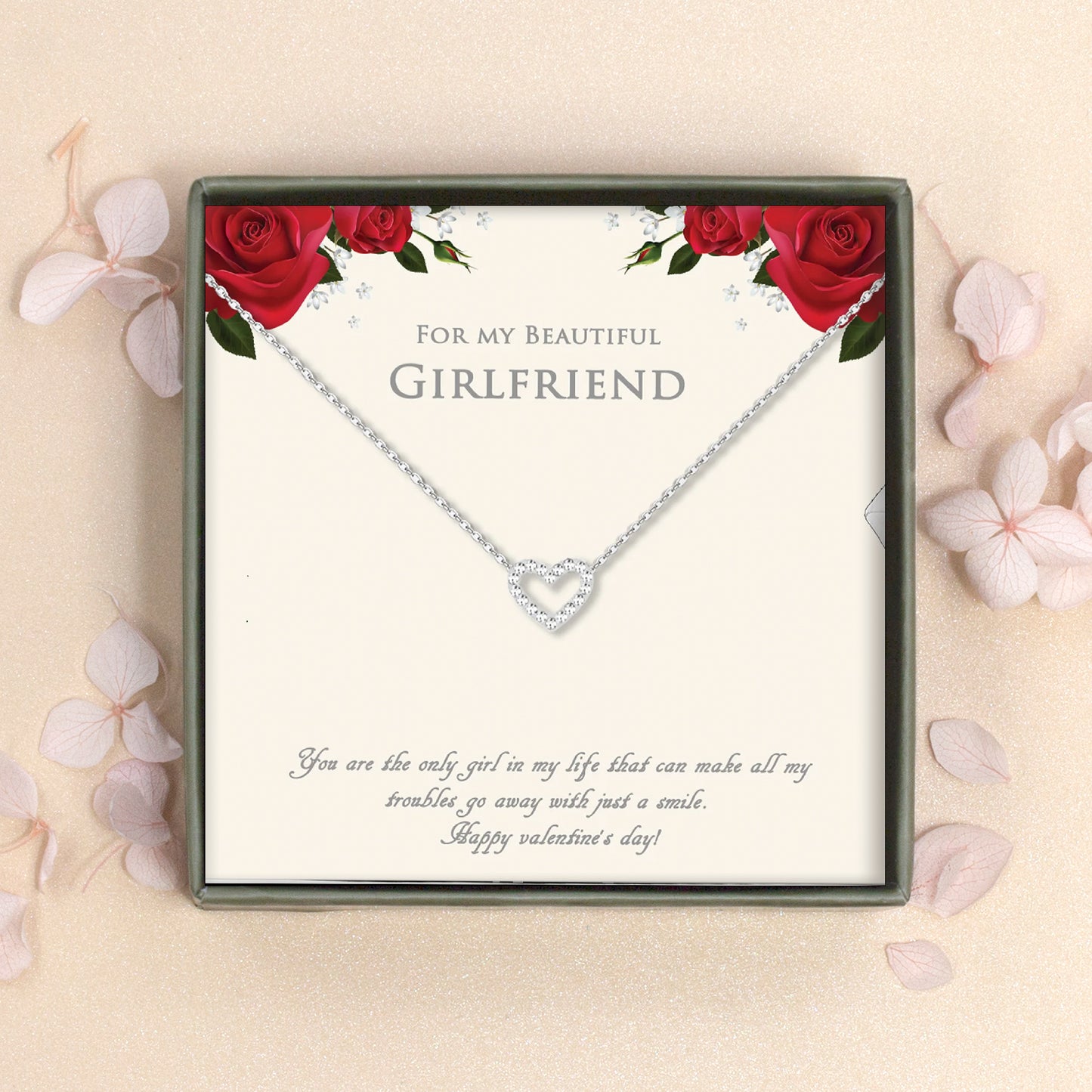 "For my Beautiful Girlfriend" Valentine's Day Card and Heart Necklace